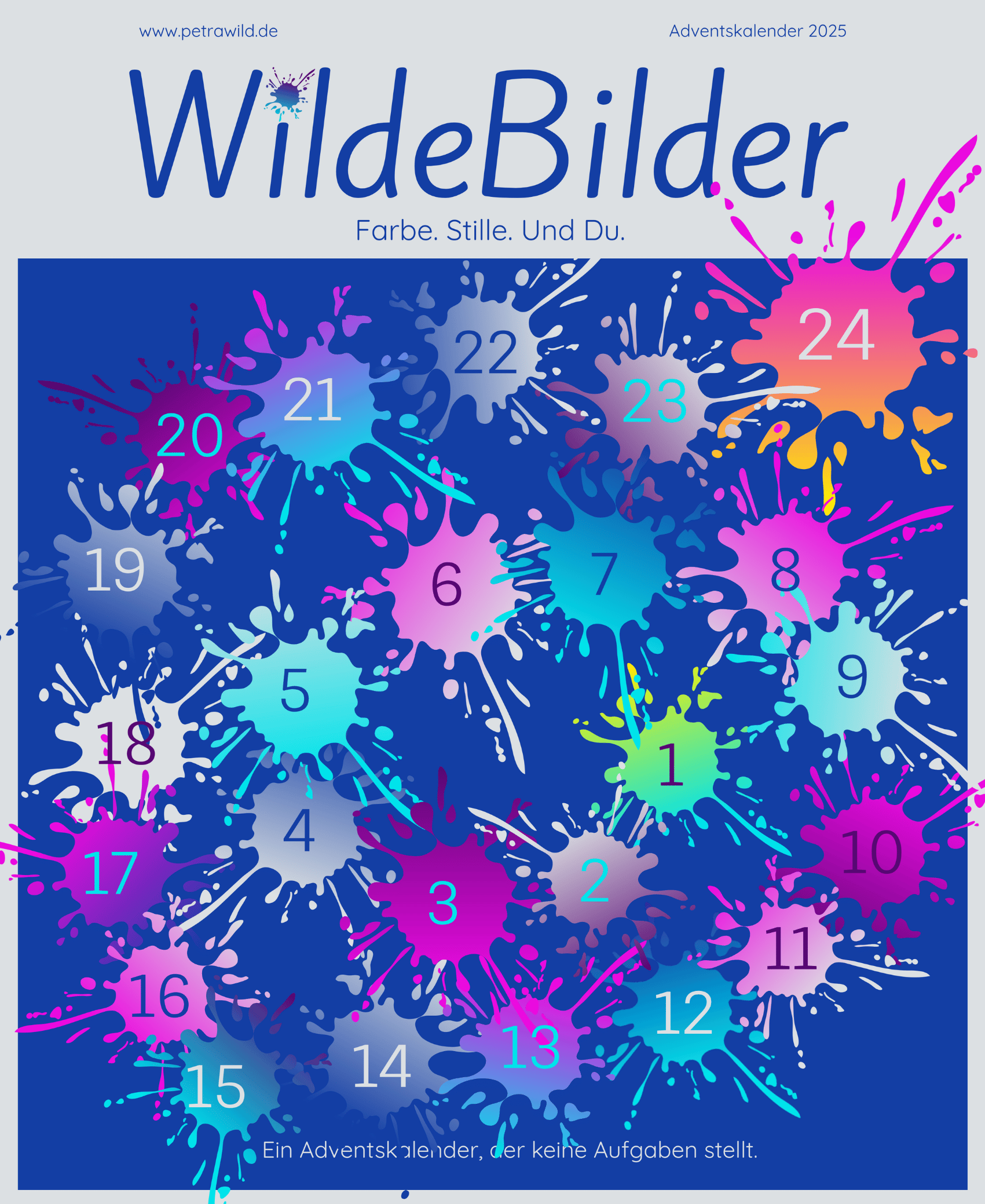 Cover des WildeBilder Adventskalenders 25. 24 bunte durchnummerierte Farbkleckse auf dunkelblauen Hintergrund