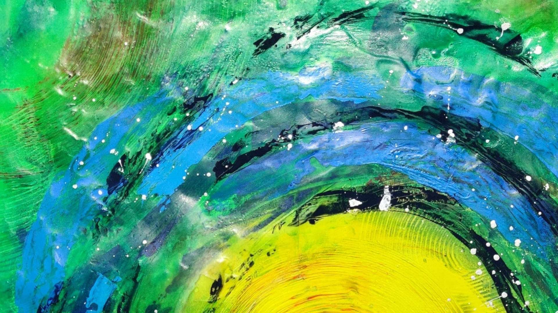 Bildausschnitt von Seelenstreichler. Gelb, Blau Grün, Struktur, Wachs